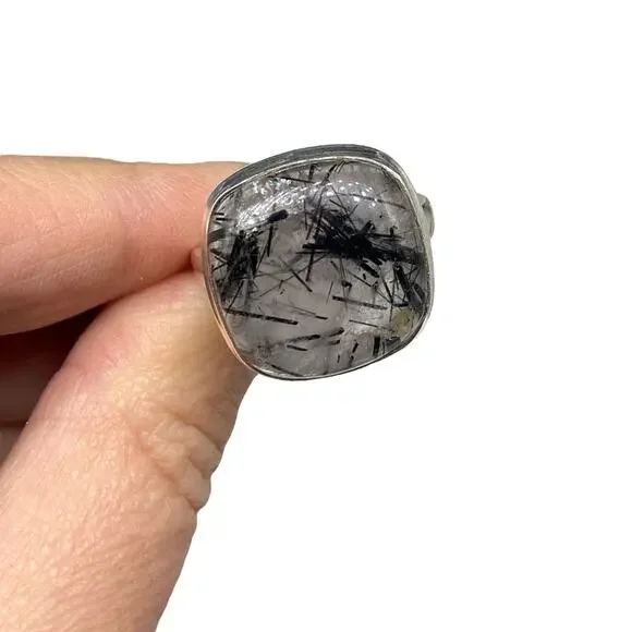 Rutilated Quartz Ring Size 11 Solid 925 Sterling Silver Black Tourmaline Rutile - Picture 6 of 9